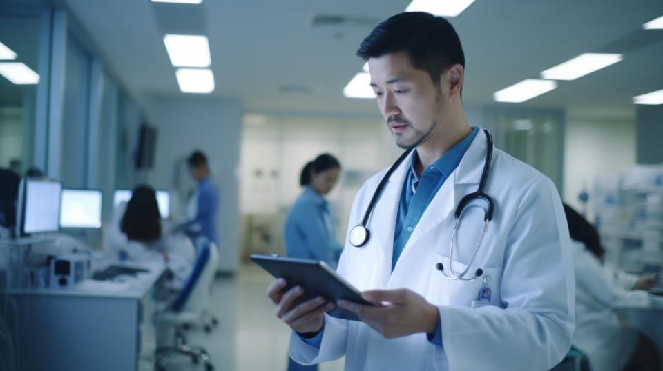 A doctor holding a clipboard in a hospital ward, discussing patient treatment plan with the nurses.