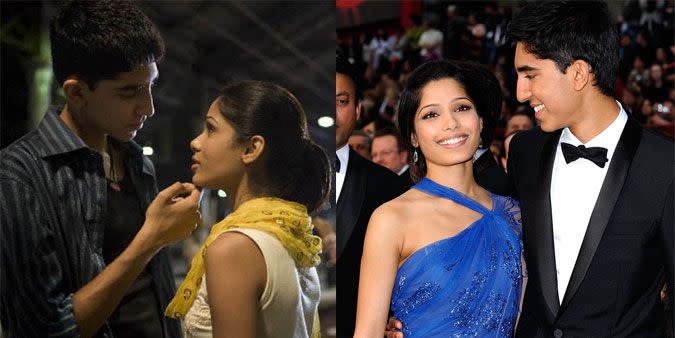 <p><strong>The movie: </strong><span class="redactor-invisible-space"><em>Slumdog Millionaire </em><span class="redactor-invisible-space">(2008)</span></span></p><p>The on-screen couple fell in love on the set of the Oscar-winning movie, and spent seven years together before splitting in 2014.</p>