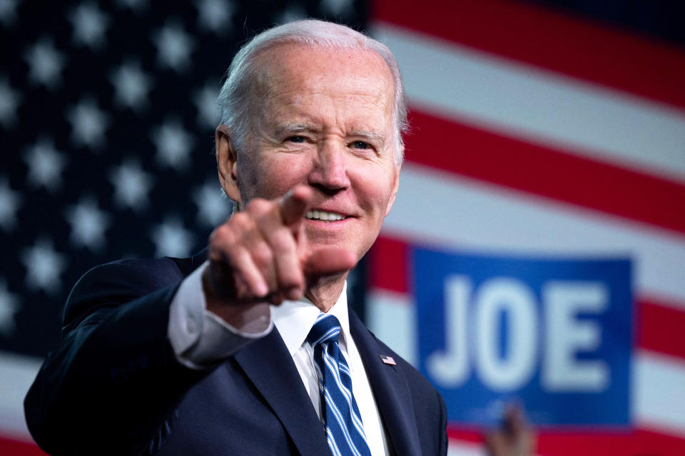 President Joe Biden speaks at the Democratic National Committee in Philadelphia (Andrew Caballero / AFP via Getty Images)