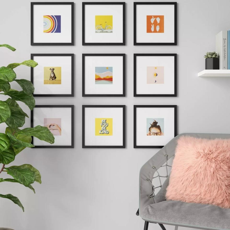 The colorful nine photos arranged in a gallery wall formation