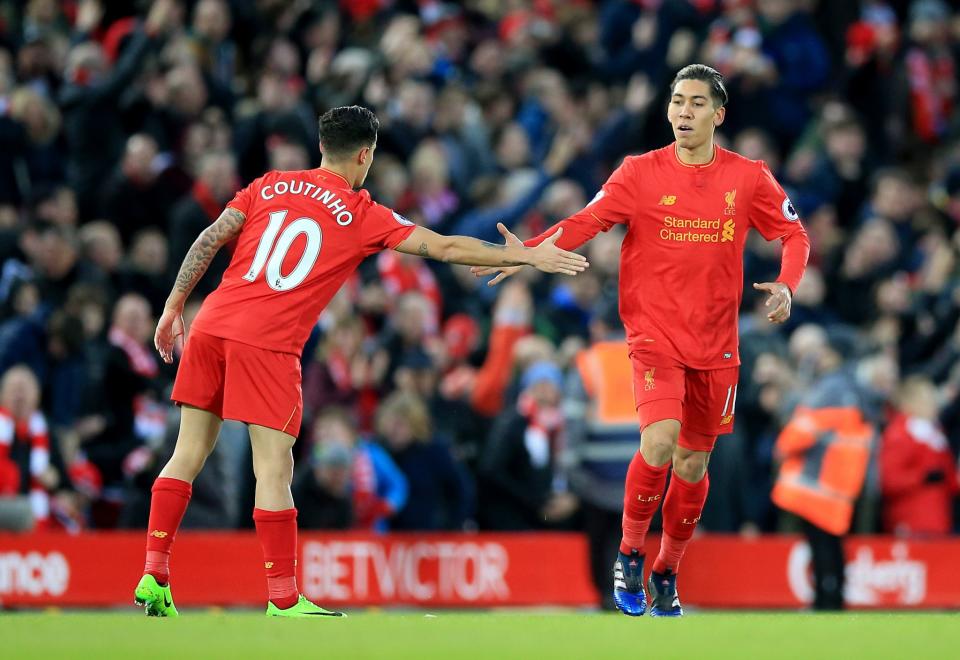 Firmino and Coutinho celebrate Liverpool's opening goal