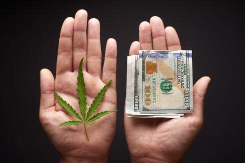 <span class="caption">There's money to be made from legalising cannabis.</span> <span class="attribution"><a class="link " href="https://www.shutterstock.com/image-photo/two-hands-cannabis-money-concept-selling-1119576818?src=IcEq3a-Q5mVli8ktIMSDTw-1-1&studio=1" rel="nofollow noopener" target="_blank" data-ylk="slk:Shutterstock;elm:context_link;itc:0;sec:content-canvas">Shutterstock</a></span>