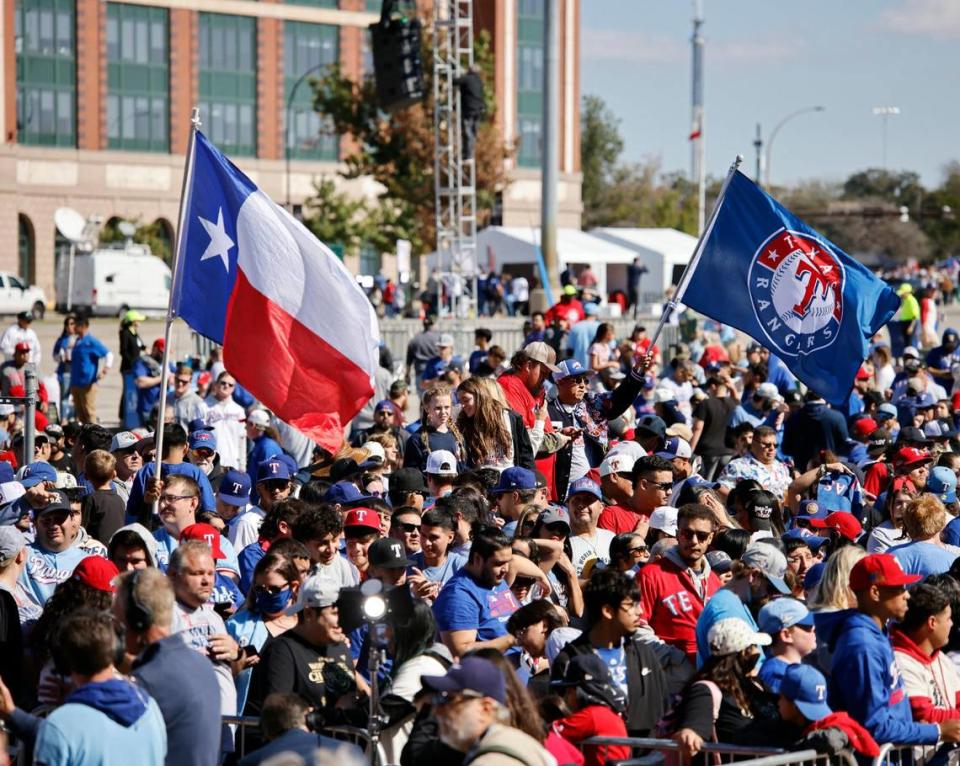 Fans filled an area in front of the stage during the Texas Rangers World Series Parade in Arlington, Texas, Friday, Nov. 03, 2023. (Special to the Star-Telegram Bob Booth)