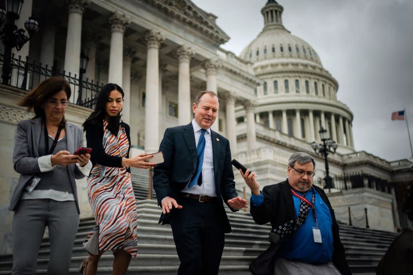 WASHINGTON, DC - JUNE 21: Rep. Adam Schiff (D-CA) gaggles with reporters as he walks down the steps of the House of Representatives at the U.S. Capitol on Wednesday, June 21, 2023 in Washington, DC. The House GOP defeated Democrats' attempt to block a public reprimand of Rep. Adam Schiff, clearing the way for Republicans to censure the California Democrat. (Kent Nishimura / Los Angeles Times)