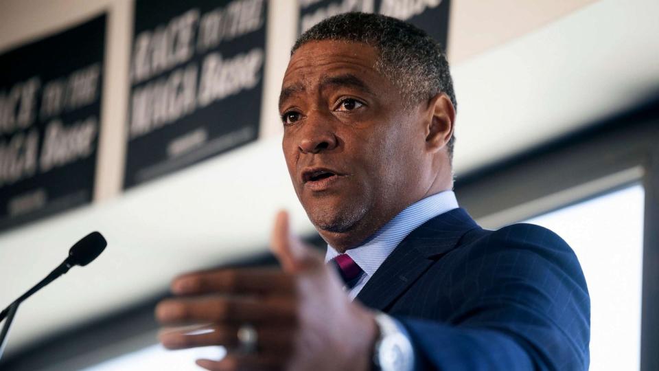 PHOTO: Biden-Harris campaign Co-Chair Cedric Richmond speaks during a press conference at a hotel in Milwaukee, Wis., Aug. 23, 2023, ahead of the first Republican presidential debate of the 2024 election cycle. (Francis Chung/politico/AP)