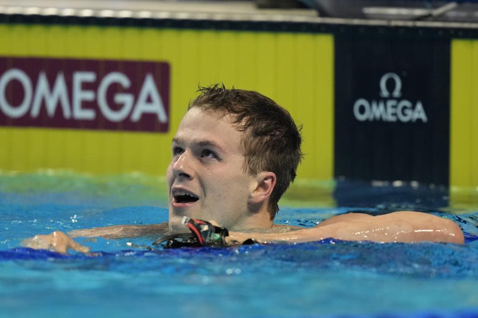 Nic Fink reacts after winning the men's 200 breaststroke during wave 2 of the U.S. Olympic Swim Trials on Thursday, June 17, 2021, in Omaha, Neb. (AP Photo/Charlie Neibergall)