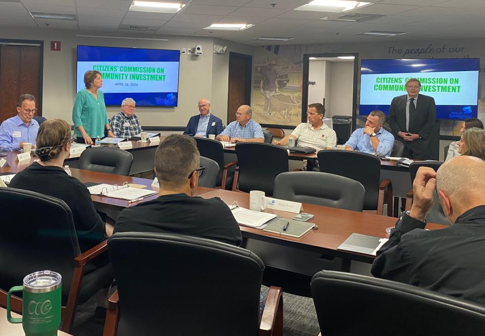 Co-chair Phyllis Ferguson commences the first Citizens’ Commission on Community Investment meeting on Tuesday, April 16, 2024, at the Busch Municipal Building. The commission received overview presentations on the Sunshine Law, history of the tax and placemaking.