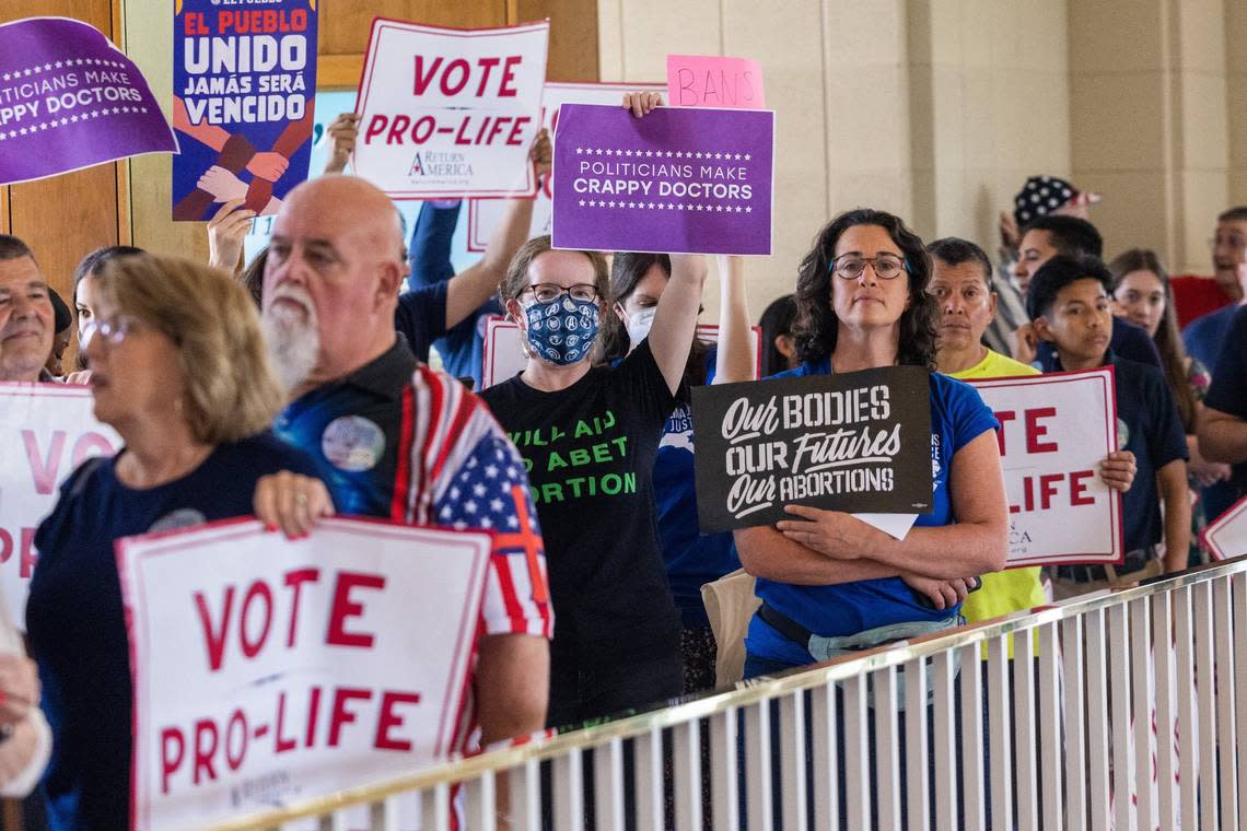 Constituents both supporting and protesting a vote to overturn Gov. Roy Cooper’s veto of an abortion restriction bill demonstrate Tuesday, May 16, 2023, at the Legislative Building in Raleigh, N.C. Travis Long/tlong@newsobserver.com