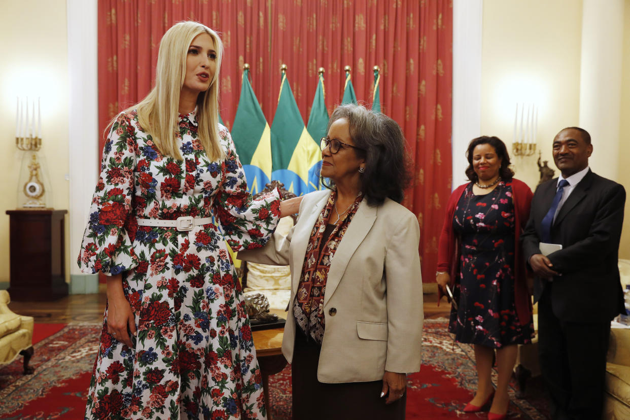 Ivanka Trump wore an Emilia Wickstead dress for her meeting with President Sahle-Work Zewde of Ethiopia. (Photo: AP Photo/Jacquelyn Martin)