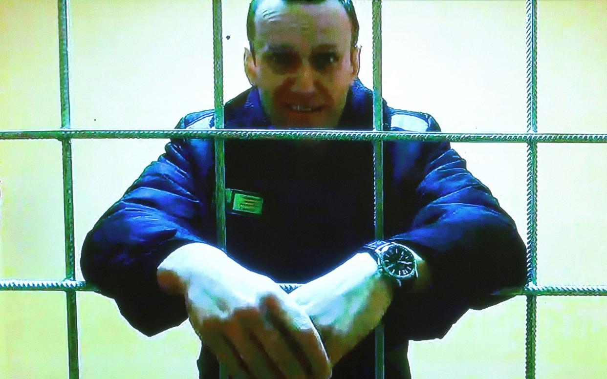 Alexei Navalny appeared on video link from a penal colony at a Moscow appeal court hearing in May 2022