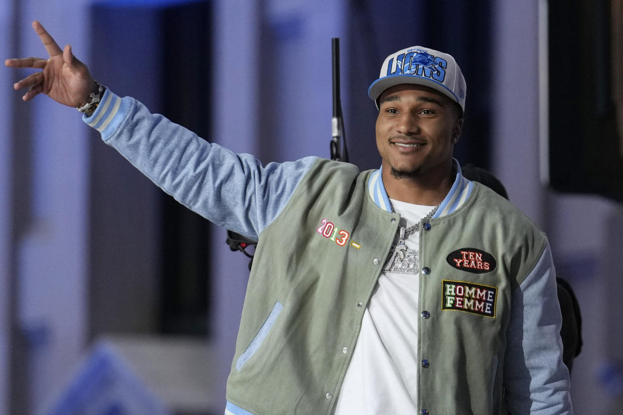 Alabama defensive back Brian Branch celebrates after being chosen by the Detroit Lions in the second round of the NFL Draft on Friday in Kansas City, Mo. (AP Photo/Jeff Roberson)