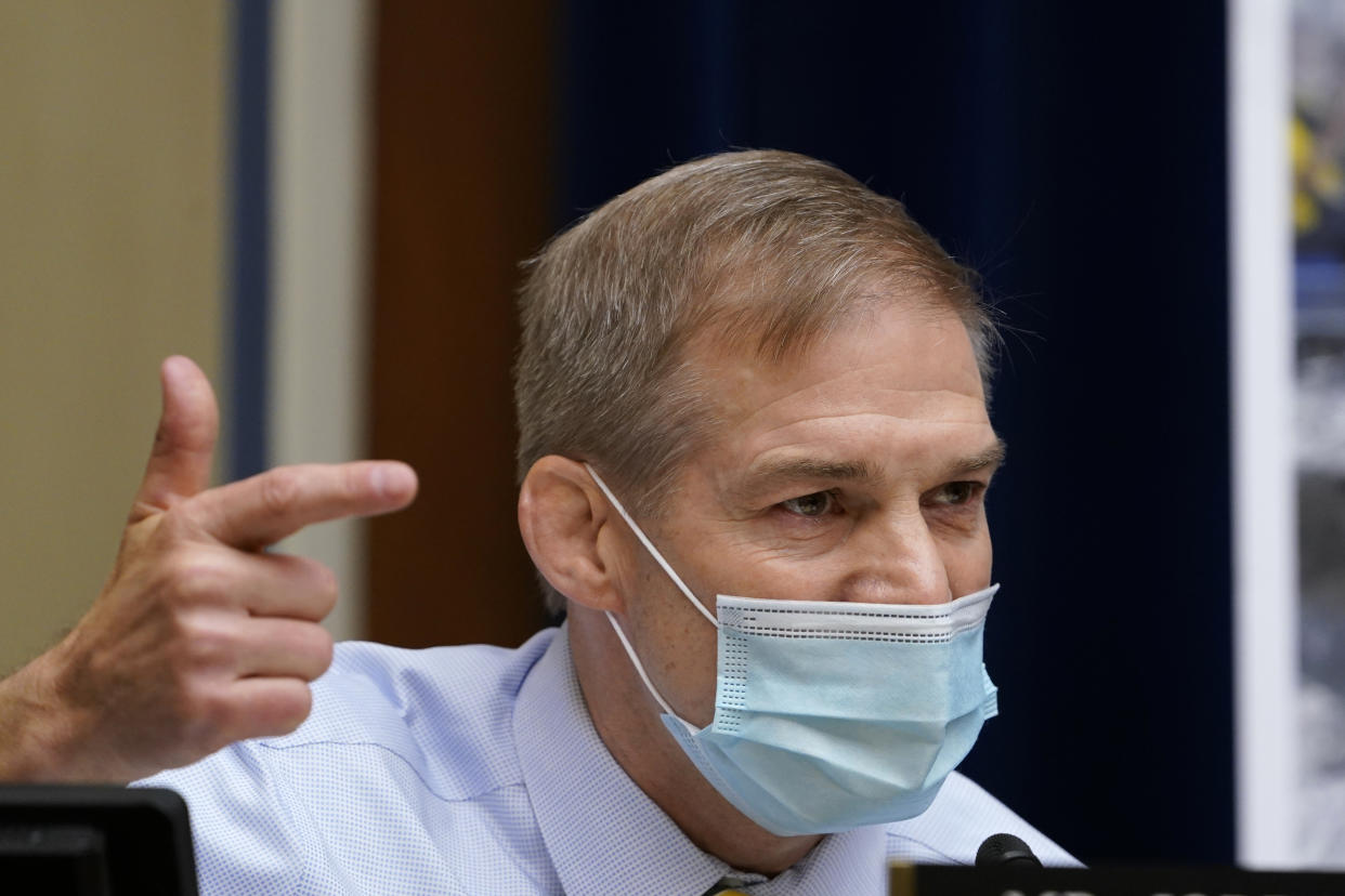 Rep. Jim Jordan, R-Ohio, questions Dr. Anthony Fauci, the nation's top infectious disease expert, during a House Select Subcommittee on the Coronavirus Crisis hearing on Capitol Hill in Washington, Thursday, April 15, 2021. (AP Photo/Susan Walsh, Pool)
