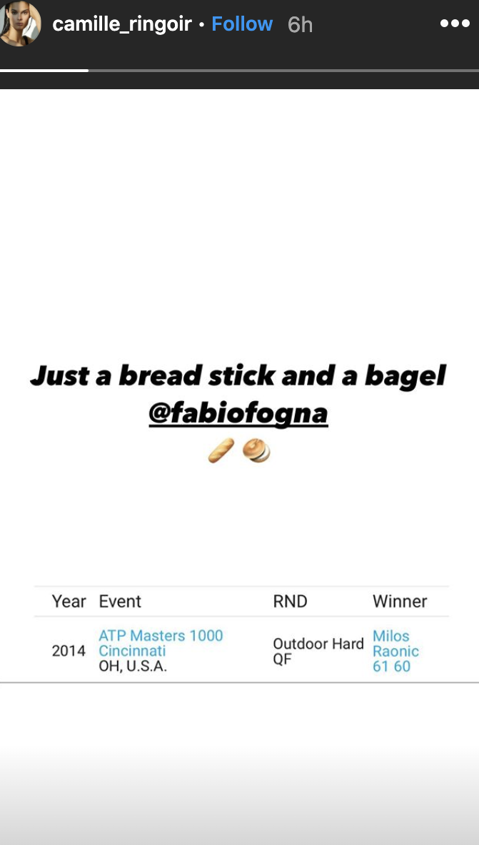 A screenshot of Camille Ringoir's Instagram story calling out Italian tennis player Fabio Fognnini. Picture: Instagram