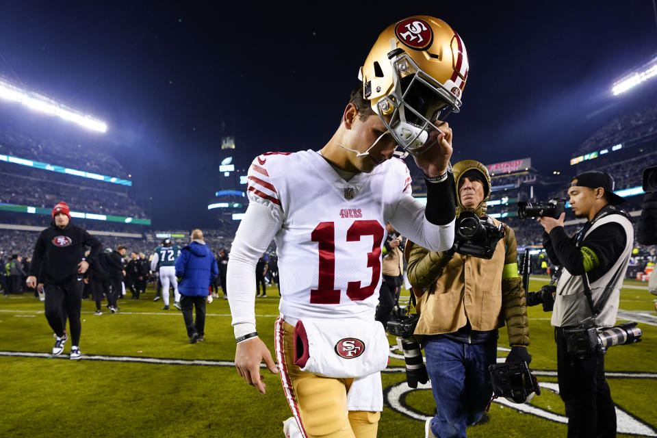 San Francisco 49ers quarterback Brock Purdy leaves the field after the NFC Championship NFL football game between the Philadelphia Eagles and the San Francisco 49ers on Sunday, Jan. 29, 2023, in Philadelphia. The Eagles won 31-7. (AP Photo/Chris Szagola)