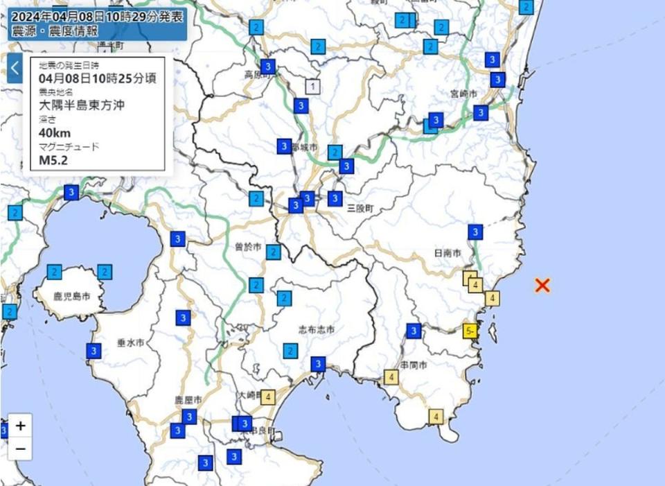 日本宮崎縣外海發生規模5.2地震，無海嘯之虞。