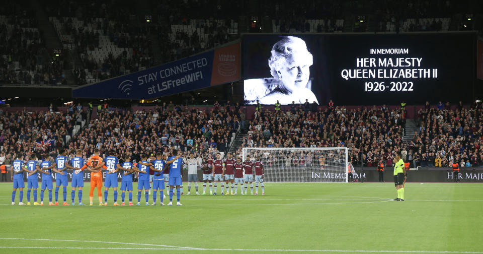 A minute's silence for Queen Elizabeth II, pictured here during the Europa Conference League group B match between West Ham United and FCSB.