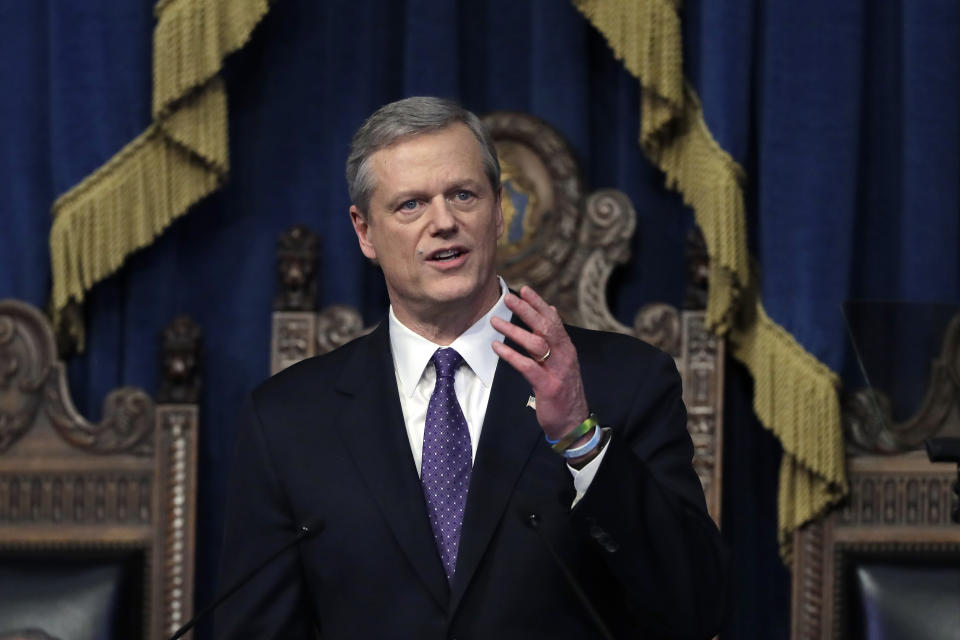 FILE — Massachusetts Gov. Charlie Baker delivers his state of the state address Tuesday, Jan. 21, 2020, in the House Chamber at the Statehouse, in Boston. Baker said Wednesday, Dec. 1, 2021 that he won't seek a third term as governor of Massachusetts. (AP Photo/Steven Senne, File)