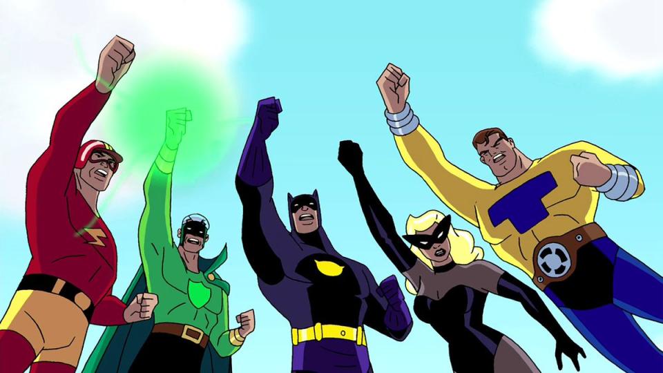 The Justice Guild of America, from the animated Justice League series. An image for the Justice League fun facts article.