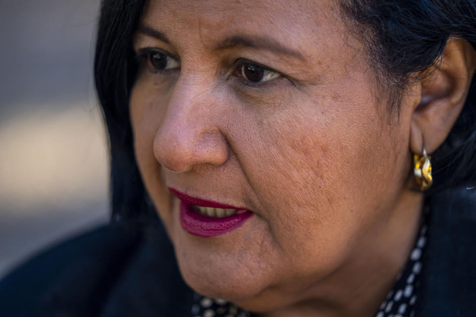 President of the opposition-controlled National Assembly of Venezuela Dinorah Figuera speaks during and interview with the Associated Press in Valencia, southeast Spain, Thursday, Jan. 12, 2023. Figuera's selection this month as part of an all-female leadership team of former backbench lawmakers was initially celebrated as an overdue acknowledgement of the key, grassroots role women like her have have played in the two decade fight against Maduro's socialist revolution. (AP Photo/Manu Fernandez)