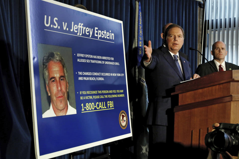 United States Attorney for the Southern District of New York Geoffrey Berman speaks during a news conference, in New York, Monday, July 8, 2019. Federal prosecutors announced sex trafficking and conspiracy charges against wealthy financier Jeffrey Epstein. Court documents unsealed Monday show Epstein is charged with creating and maintaining a network that allowed him to sexually exploit and abuse dozens of underage girls.(AP Photo/Richard Drew)