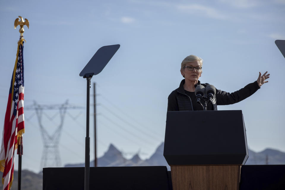 Energy Secretary Jennifer Granholm speaks at the groundbreaking ceremony of the Ten West Link transmission line, Thursday, Jan. 19, 2023, in Tonopah, Ariz. (AP Photo/Alberto Mariani)