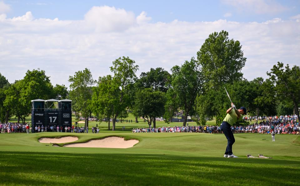 First-round leader Rory McIlroy plays a shot on the 17th fairway Thursday at Southern Hills Country Club.