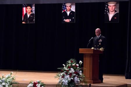 FILE PHOTO: Adm. Scott Swift, commander of U.S. Pacific Fleet, delivers remarks during a memorial ceremony at Fleet Activities (FLEACT) Yokosuka for seven sailors assigned to Arleigh Burke-class guided-missile destroyer USS Fitzgerald (DDG 62) who were killed in a collision at sea, June 17, in Yokosuka, Japan in this photo taken and received June 27, 2017. Courtesy of U.S. Navy/Mass Communication Specialist 2nd Class Raymond D. Diaz III/Handout via REUTERS