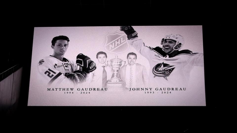 LAS VEGAS, NEVADA - SEPTEMBER 25: A tribute to Matthew and Johnny Gaudreau is seen prior to a game between the Vegas Golden Knights and the Los Angeles Kings at T-Mobile Arena on September 25, 2024 in Las Vegas, Nevada.  (Photo by Zak Krill/NHLI via Getty Images)