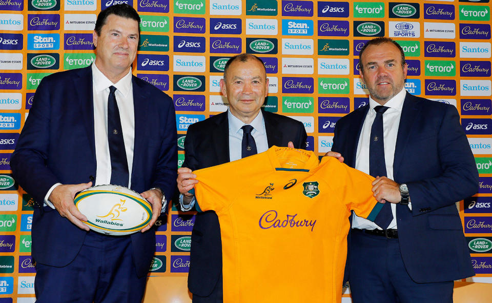 Andy Marinos, pictured here with Hamish McClennan and Eddie Jones.