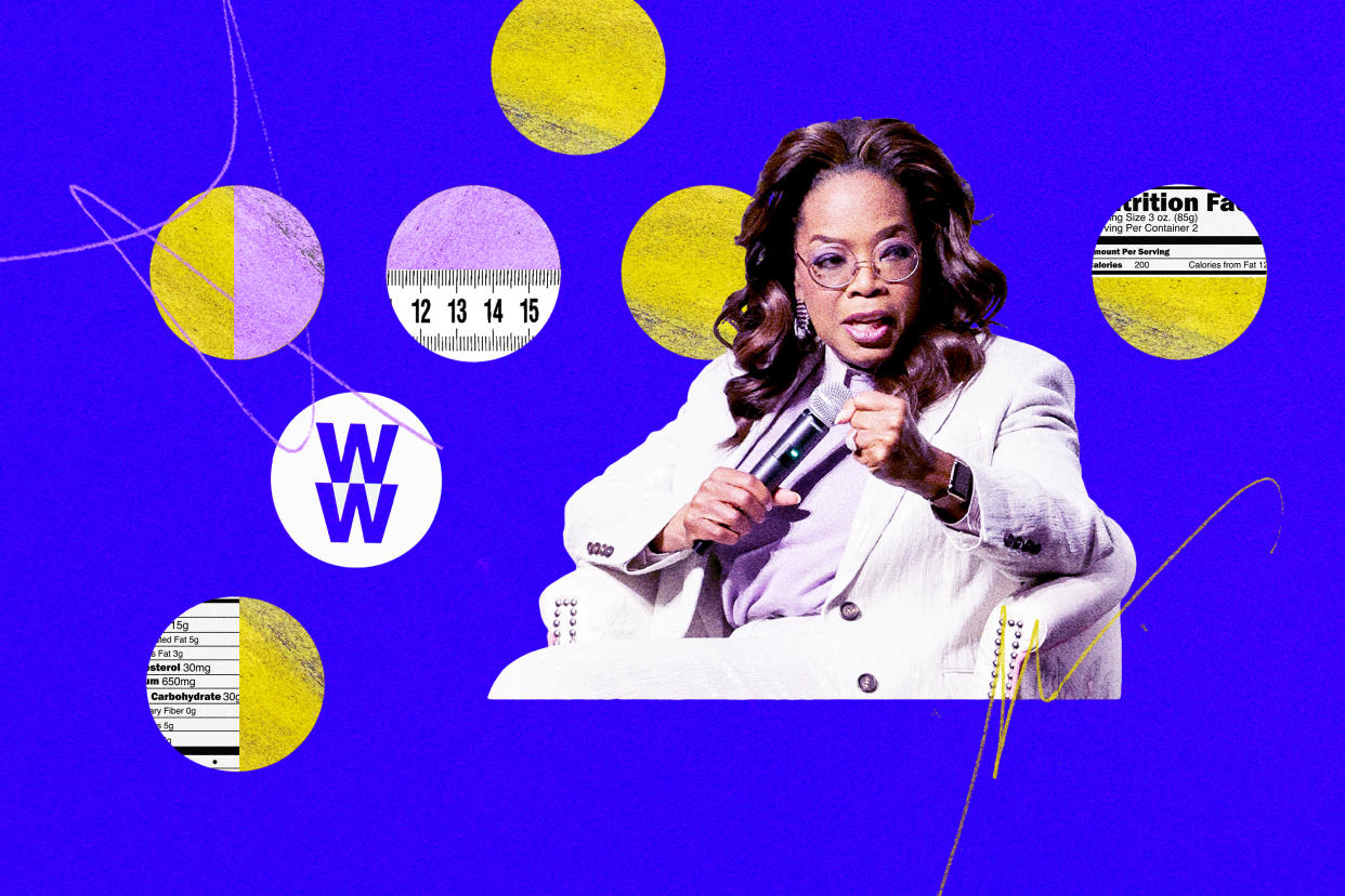 Photo illustration of Oprah Winfrey and WeightWatchers logo with nutrition labels and a tape measure.