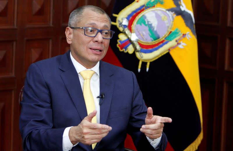 FILE PHOTO: Ecuador's Vice President Jorge Glas talks during an interview with Reuters at the Government Palace in Quito