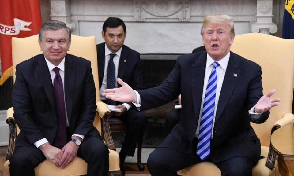 Donald Trump at the White House on Wednesday with Uzbek president Shavkat Mirziyoyev. Asked whether the summit was still on, Trump said: ‘We’ll see what happens.’