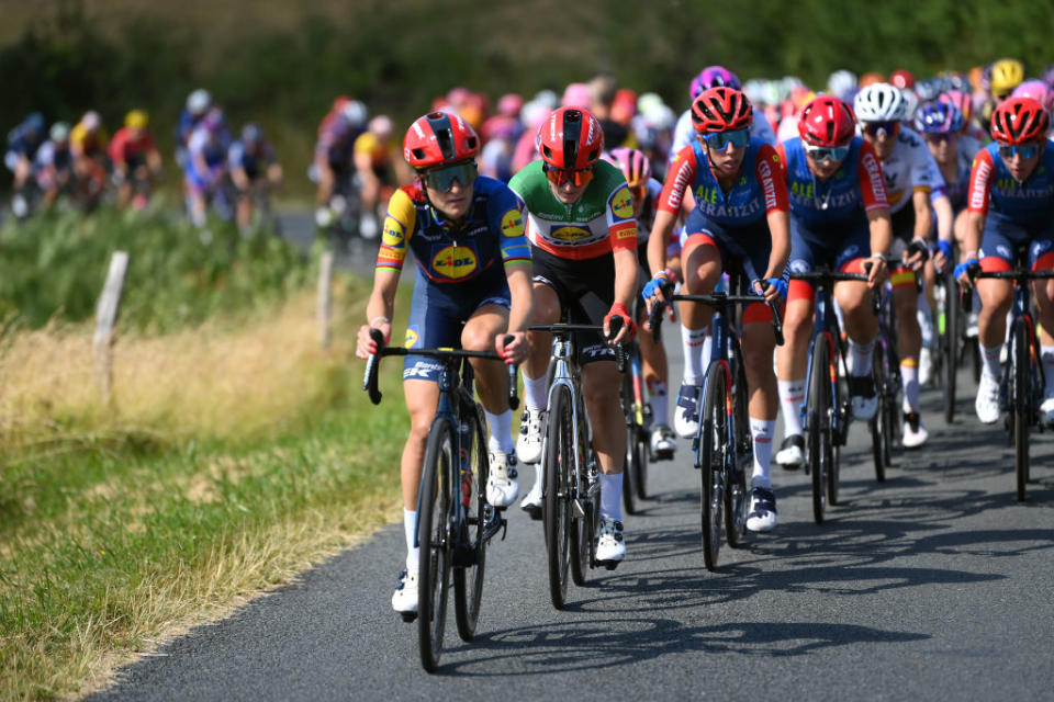 MONTIGNACLASCAUX FRANCE  JULY 25 LR Elizabeth Deignan of The United Kingdom and Elisa Longo Borghini of Italy and Team  Lidl  Trek lead the peloton during the 2nd Tour de France Femmes 2023 Stage 3 a 1472km stage from CollongeslaRouge to MontignacLascaux  UCIWWT  on July 25 2023 in MontignacLascaux France Photo by Alex BroadwayGetty Images