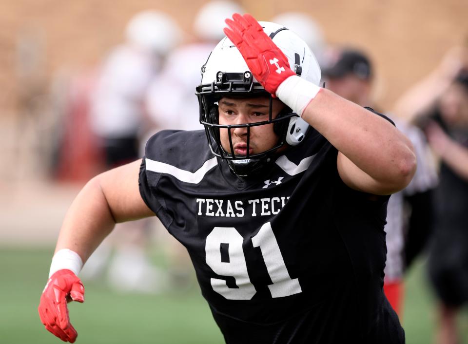 Texas Tech defensive tackle Blake Burris (91) is competing for a spot in the Red Raiders' defensive line rotation. Burris is one of four brothers who have been college football players, two of the others being former Mike Leach-era Tech defensive backs Brent and Trent Nickerson.