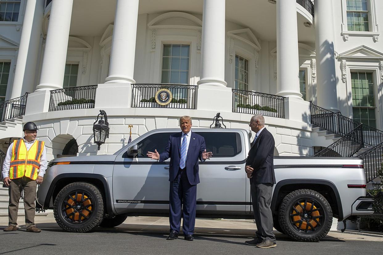 washington, dc   september 28 us president donald trump chats with steve burns lordstown motors ceo about the new endurance all electric pickup truck on the south lawn of the white house on september 28, 2020 in washington, dc they bought the old gm lordstown plant in ohio to build the endurance all electric pickup truck, inside those four wheels are electric motors similar to electric scooters  photo by tasos katopodisgetty images