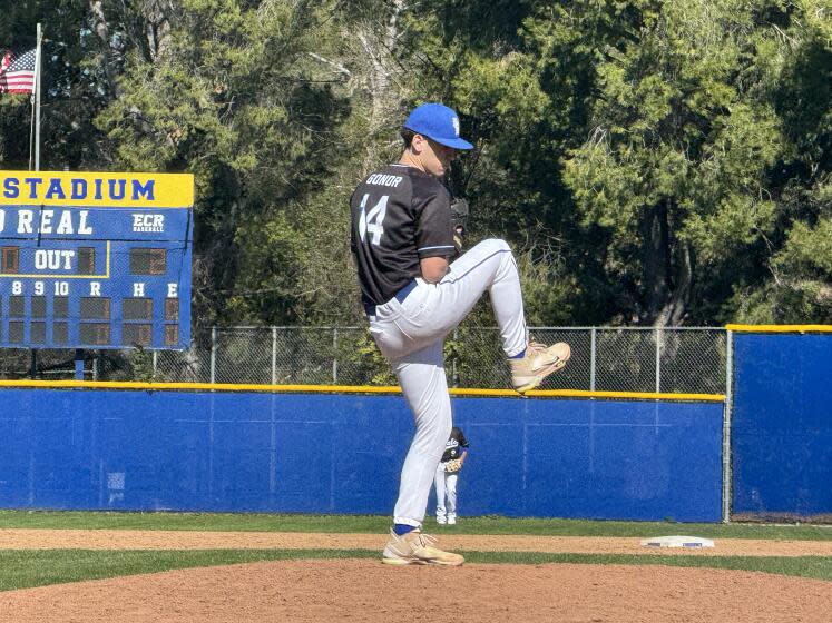 Junior Devin Gomor of El Camino Real earned his first varsity victory, retiring 11 straight at one point vs. Crespi.