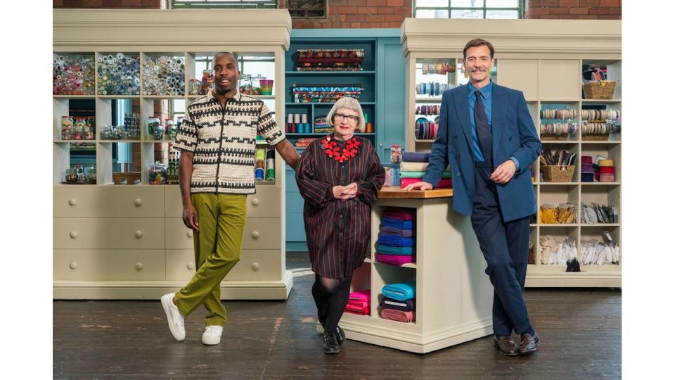 The Great British Sewing Bee host Kiell Smith-Bynoe with judges Esme Young, Patrick Grant