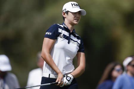 Mar 31, 2018; Rancho Mirage, CA, USA; Sung Hyun Park reacts after teeing off on the second hole during the third round of the ANA Inspiration women's golf tournament at Mission Hills CC - Dinah Shore Tournament Course. Mandatory Credit: Kelvin Kuo-USA TODAY Sports