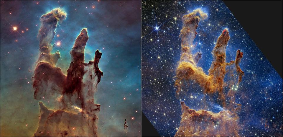 NASA's Hubble Space Telescope made the Pillars of Creation famous with its first image in 1995, but revisited the scene in 2014 to reveal a sharper, wider view in visible light, shown above at left. A new, near-infrared-light view from NASA’s James Webb Space Telescope, at right, helps us peer through more of the dust in this star-forming region. The thick, dusty brown pillars are no longer as opaque and many more red stars that are still forming come into view.