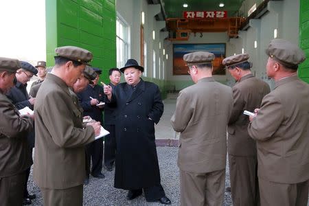 North Korean leader Kim Jong Un visits the Paektusan Hero Youth Power Station No. 3 in this undated photo released by North Korea's Korean Central News Agency (KCNA) in Pyongyang on April 23, 2016. KCNA/via REUTERS