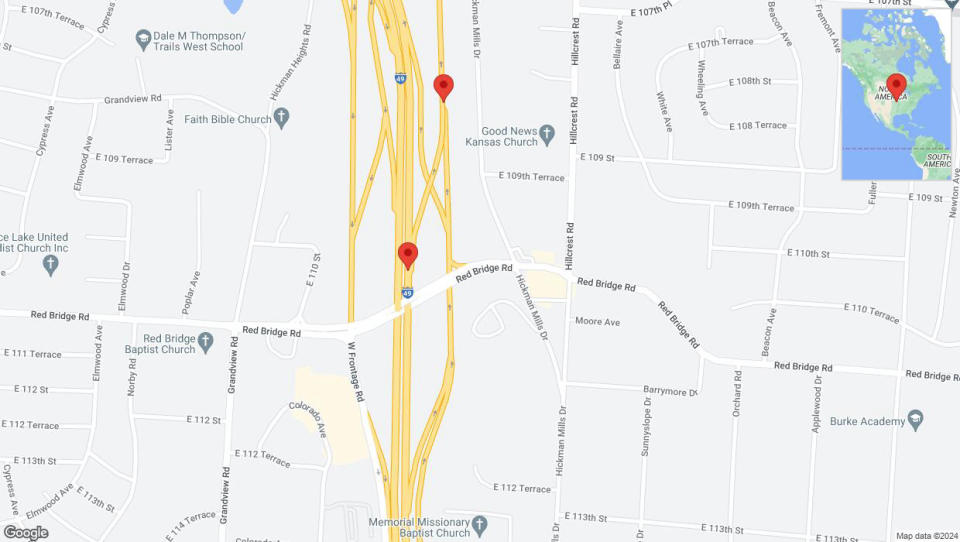 A detailed map showing the affected road due to 'US Highway 71 closed in Kansas City' on May 27 at 9:08 PM