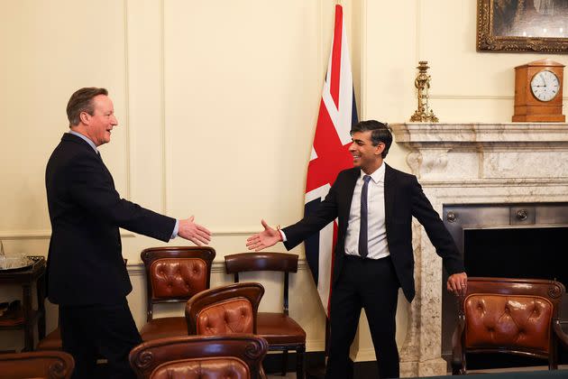 Rishi Sunak greets his new foreign secretary, David Cameron.
