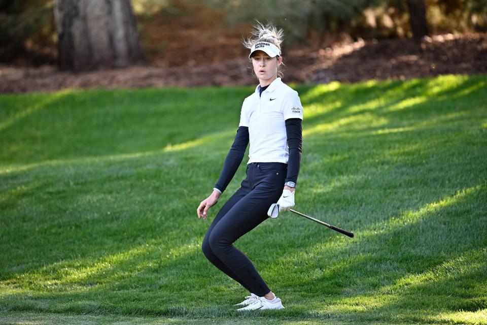 Nelly Korda reacts to her chip shot on the 14th hole in her semifinal match against Narin An at the 2024 T-Mobile Match Play at Shadow Creek Golf Course in Las Vegas. (Photo: Orlando Ramirez/Getty Images)