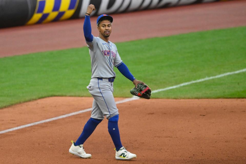 New York Mets shortstop Francisco Lindor (12) stands on the field in the eighth inning against the Cleveland Guardians on Monday at Progressive Field.