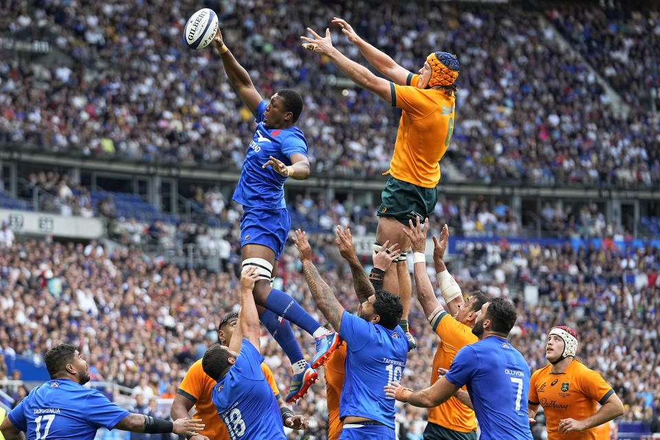 France's Cameron Woki catches the ball during the International Rugby Union World Cup warm-up match between France and Australia at the Stade de France stadium in Saint Denis, outside Paris, Sunday, Aug. 27, 2023. (AP Photo/Michel Euler)