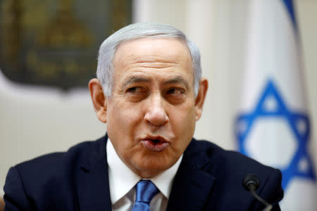 FILE PHOTO: Israeli Prime Minister Benjamin Netanyahu speaks during the weekly cabinet meeting in Jerusalem March 10, 2019. Gali Tibbon/Pool via REUTERS