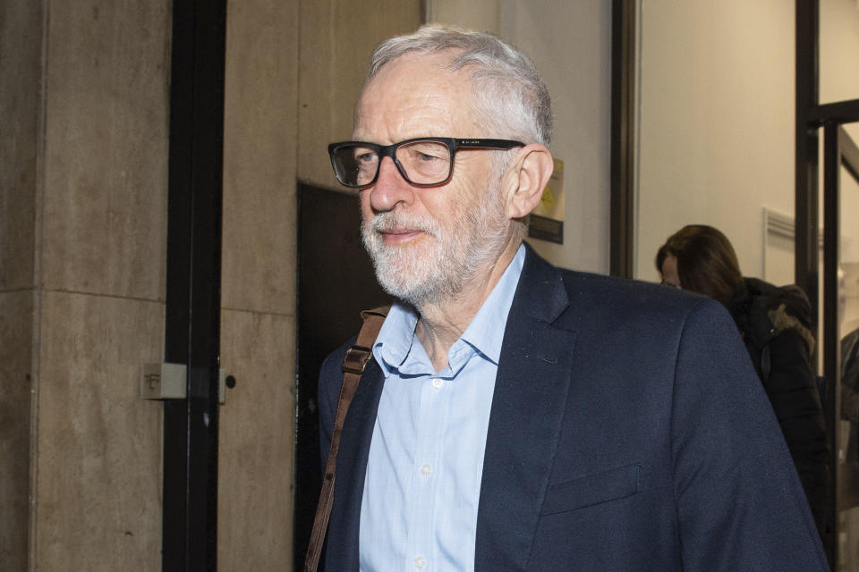 Britain's Labour Party leader Jeremy Corbyn leaves the Labour Party offices in London, Monday Jan. 6, 2020, after a meeting of the party's National Executive Committee. The opposition Labour Party will announce its new leader on April 4. (Dominic Lipinski/PA via AP)