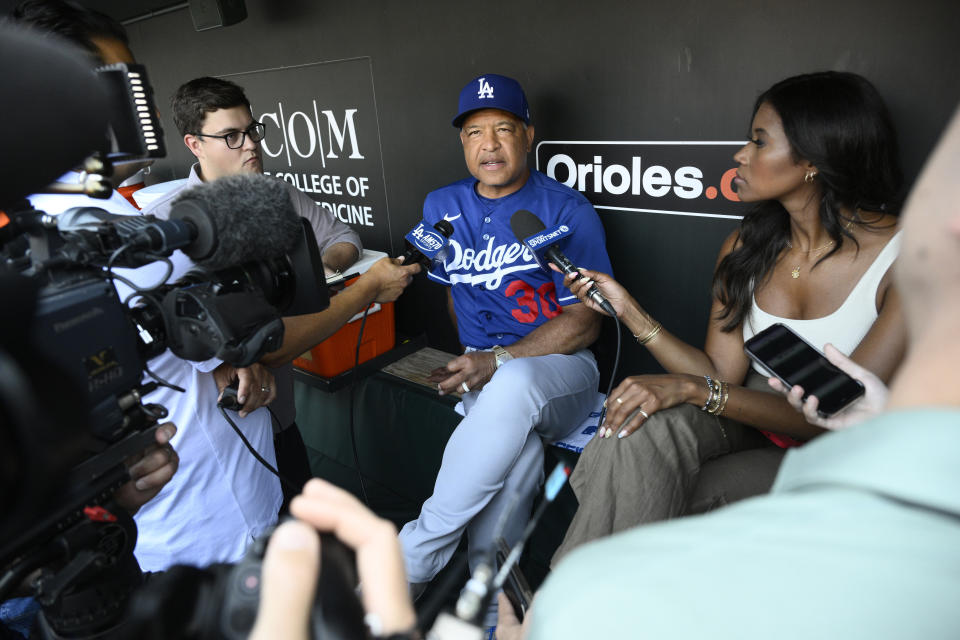 Los Angeles Dodgers manager Dave Roberts talks to the media before a baseball game against the Baltimore Orioles, Tuesday, July 18, 2023, in Baltimore. (AP Photo/Nick Wass)