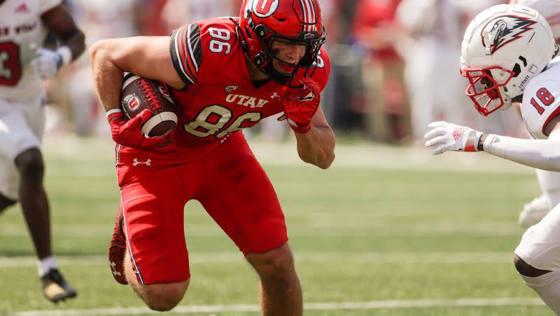 Utah tight end Dalton Kincaid scores a touchdown during game against Southern Utah in Salt Lake City on Saturday, Sept. 10, 2022. Kincaid didn’t participate in Thursday’s Utes pro day event, but is expected to be a first-round draft pick.