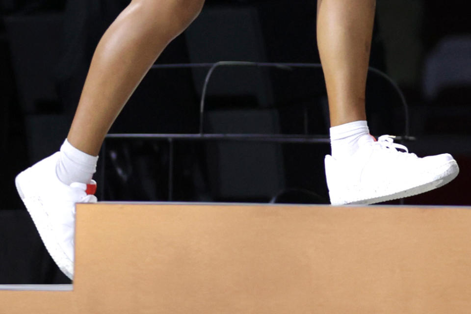 A closer view of Naomi Osaka’s sneakers. - Credit: AP